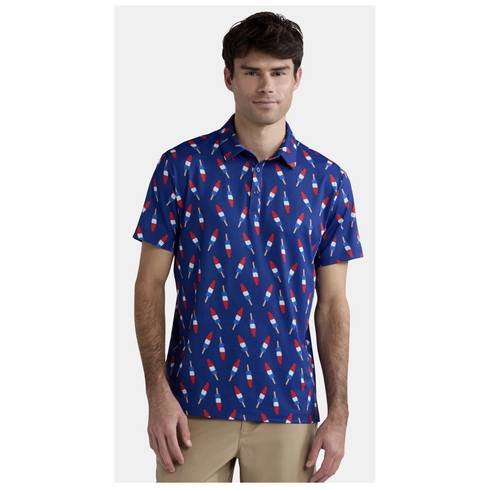 Birdie Bound Golf Polo Men's M Blue Bomb Pop Rocket Popsicle Shirt USA Print